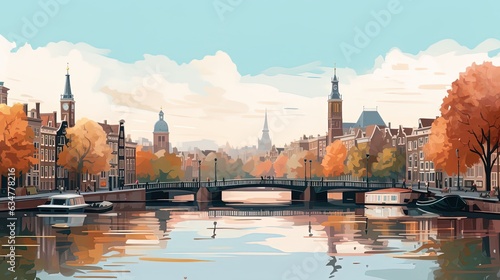  flat design illustration of urban cityscape in autumn town  Generative Ai