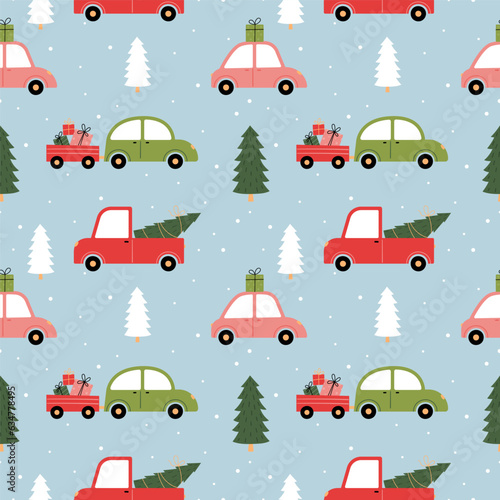 Seamless Christmas pattern with a variety of cars, Christmas trees and gifts on a blue background.