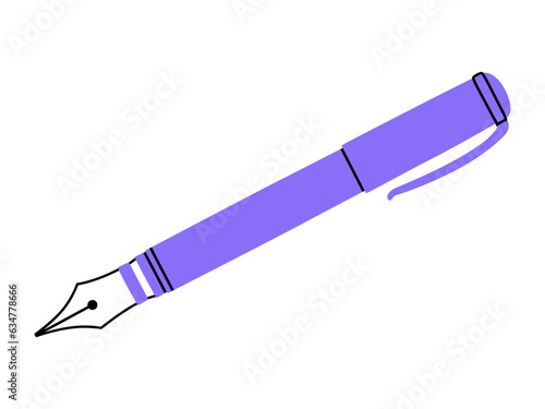 Hand drawn cute illustration of school fountain pen. Flat vector stationery for calligraphy in colored doodle style. Education or study sticker, icon. Back to school. Isolated on white background.
