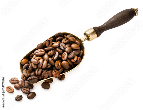 Scoop of coffee beans. Top view of coffee beans in scoop isolated.