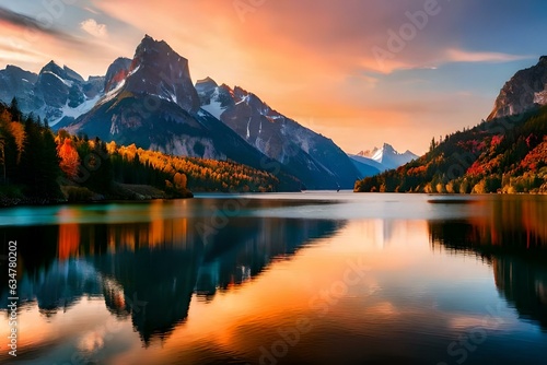 the best view of sun set between the mountains  behind the lake background and beautiful sun set © ALLAH KING OF WORLD