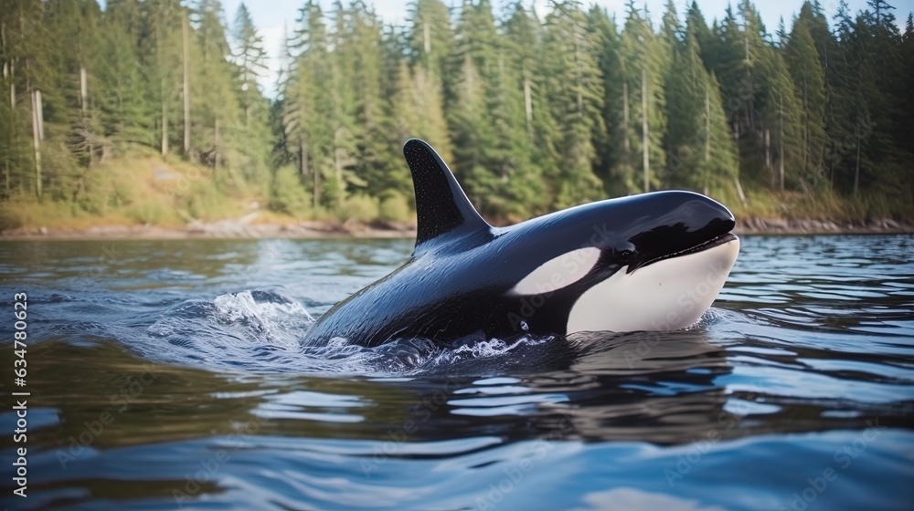 Fototapeta premium close up orca swimming to water surface, Generative