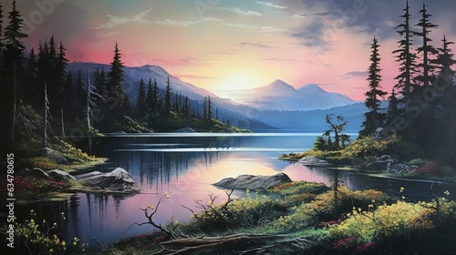 painting illustration evergreen forest with lake at twilight, Generative Ai