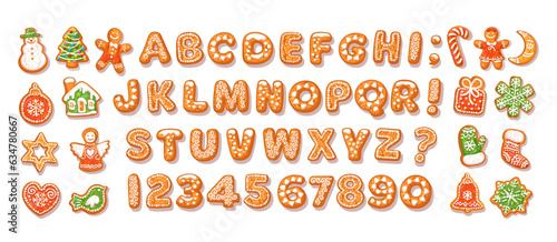 Christmas and New Year gingerbread alphabet and cute traditional holiday cookies. Vector illustration.