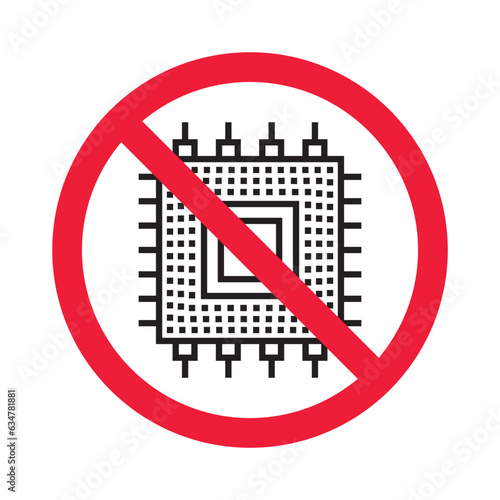 Forbidden processor vector icon. Warning, caution, attention, restriction, label, ban, danger. No CPU flat sign design pictogram symbol. No micro chip icon
