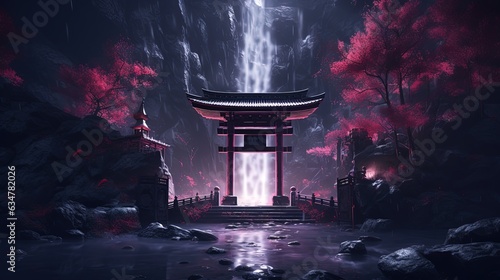 illustration of beautiful elegance Asian palace gate way at night time with light glow, Generative Ai