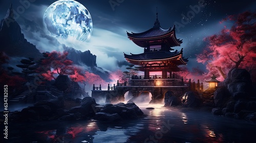 illustration of beautiful elegance Asian palace gate way at night time with light glow, Generative Ai