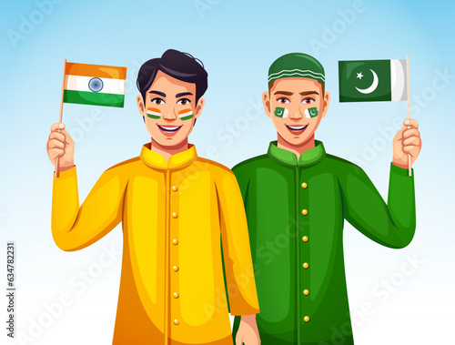 Happy young Boys are holding the Indian and Pakistan flags in hand over white background.