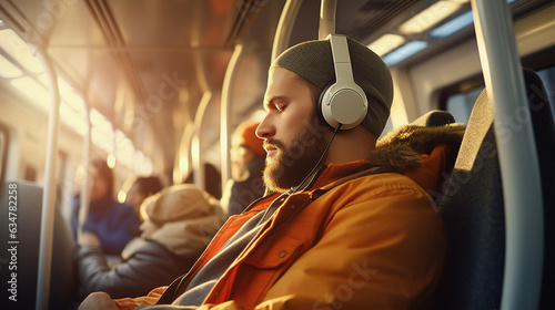 Listening to Music: The photo captures the worker wearing earphones, trying to unwind with music during the busy morning commute © siripimon2525