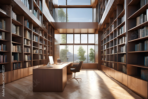  a modern library with sleek bookcases comfortable study desks and large windows allowing natural light - Generative Ai
