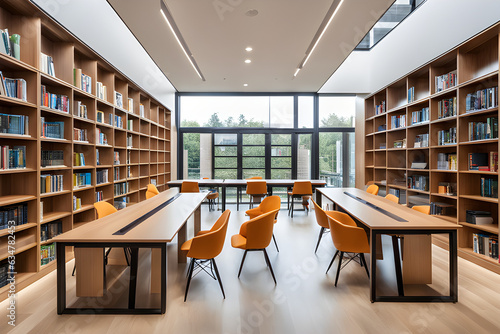  a modern library with sleek bookcases comfortable study desks and large windows allowing natural light - Generative Ai