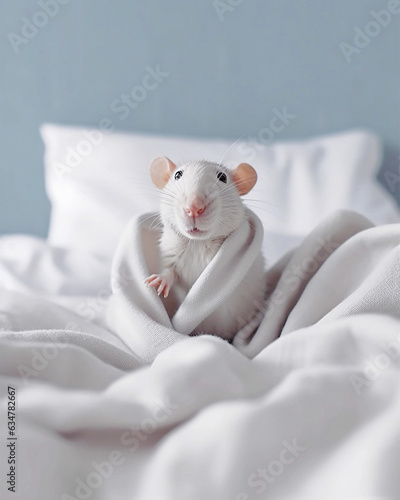 The white rat in bedroom in bed. The rat is sick, veterinary medicine, first aid to animals. Animal Shelter