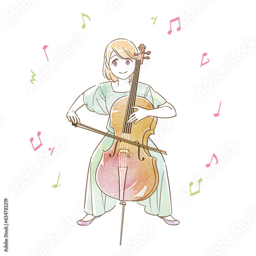 水彩アナログ風 女性 チェロ 演奏 発表会 イラスト(音符あり)