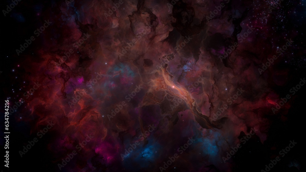 Orange red dark galaxy nebulae and stars in space. Alien mystical shining nebula in shiny starry night. artistic concept 3D illustration backdrop for space exploration and science fiction.