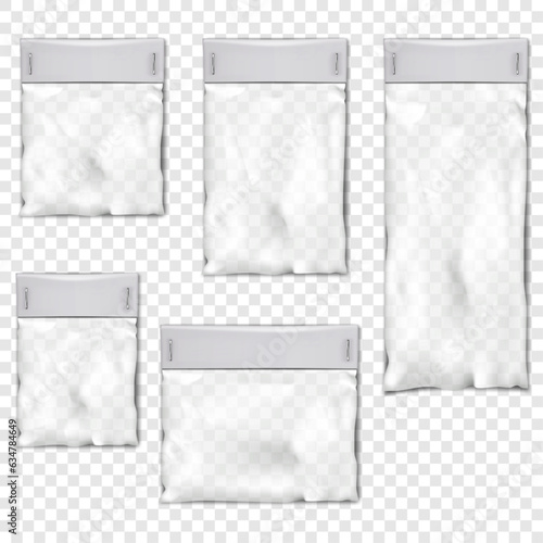 Empty clear plastic pouch bag with white blank paper top on staples. Vector mock-up set. Transparent nylon package with label space kit mockup