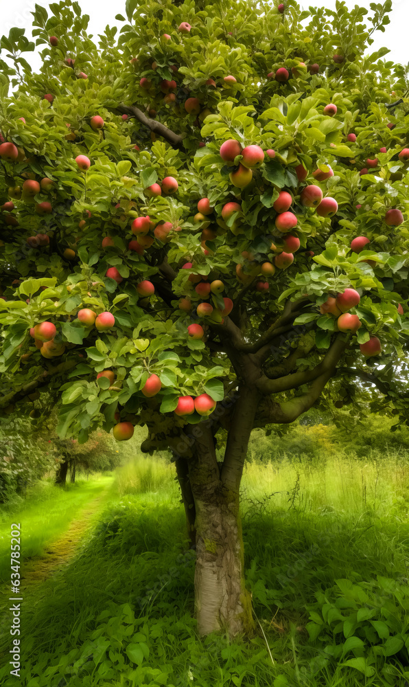 Apple tree with ripe red apples. A fruit-laden tree in full bloom