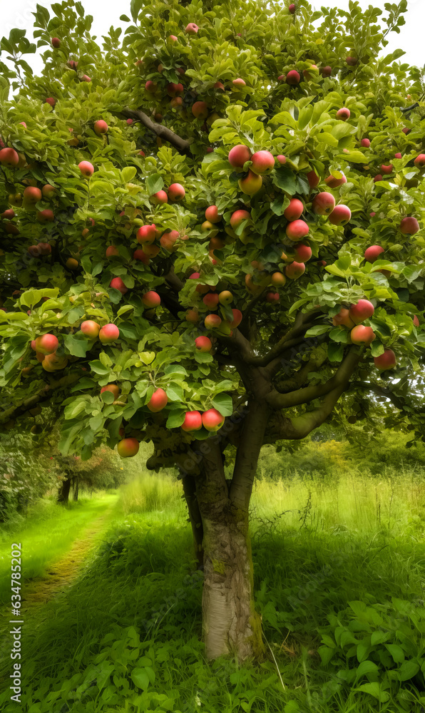 Apple tree with ripe red apples. A fruit-laden tree in full bloom Apple tree with ripe red apples. A fruit-laden tree in full bloom