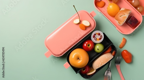 Healthy school lunch box with beef sandwich and fresh vegetables. Generative Ai