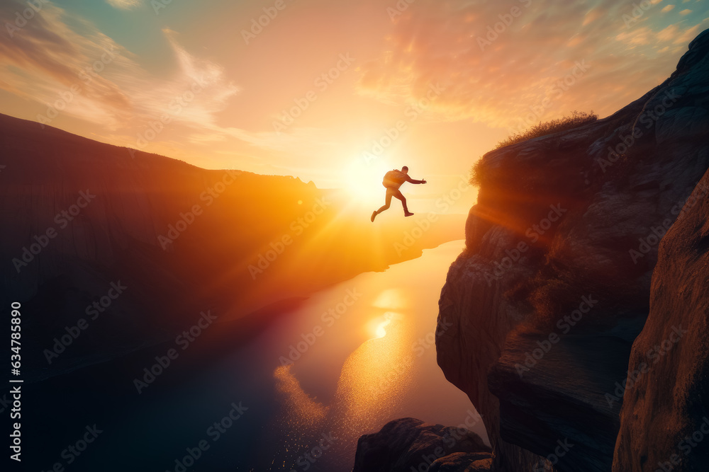 A thrilling cliff jump into crystal clear water. A daring leap from a cliff into the open sky
