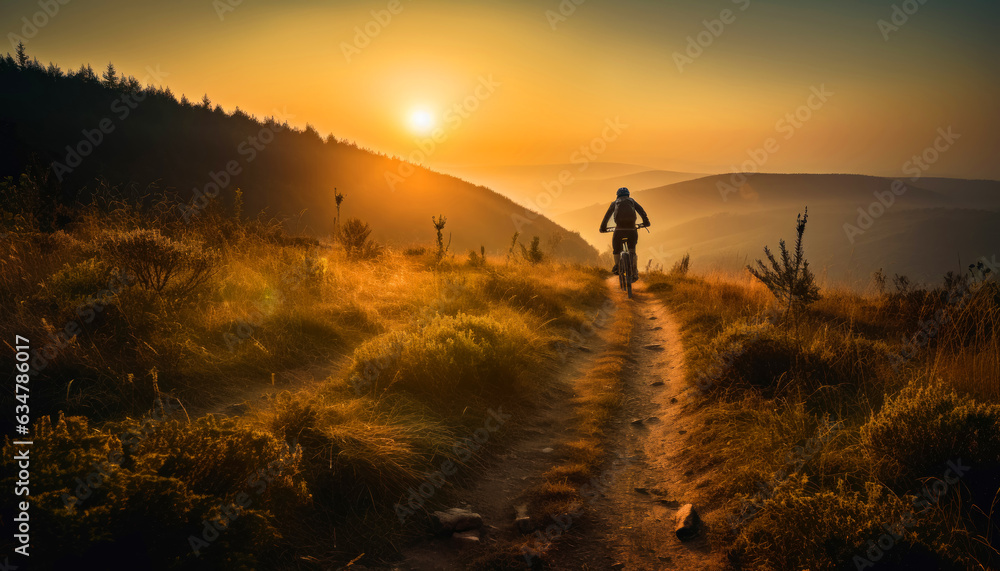 A man cycling through a scenic dirt road surrounded by nature. A man riding a bike on a scenic dirt road
