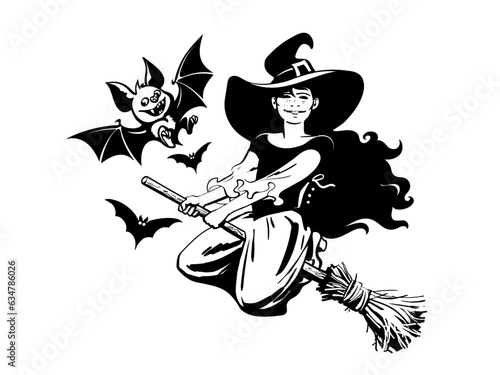 Cute young Halloween witch flying on the broom stick surrounded by bats. Black and white hand drawn vector illustration.