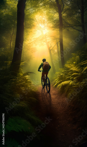 A man riding a bike down a trail in the woods. Man cycling through a scenic forest trail