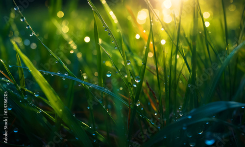 Foto Dew-covered grass blades glistening in the sunligh