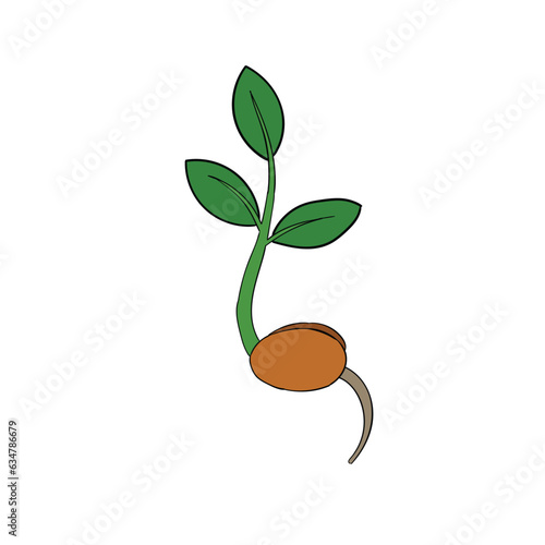 A hand-drawn cartoon sprouting seed with a green leaf on a white background.