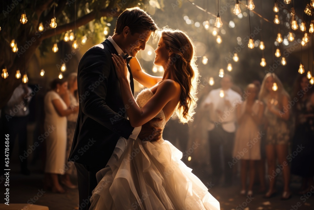 Naklejka premium Bride and Groom's First Dance Under Twinkling Lights