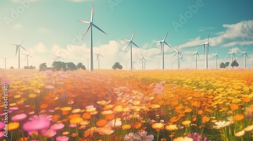 Banner, wind turbines, poppy flower field in AutumnBanner, wind turbines. Generative Ai