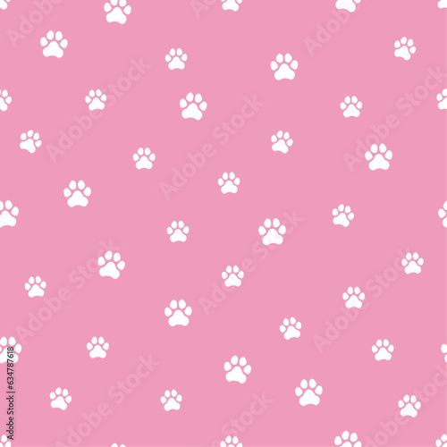 Seamless pattern. Dog paw. Vector illustration. White paws ob pink background. Texture for print, textile, fabric.
