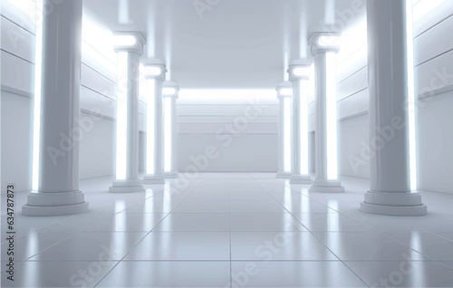 Fototapeta Naklejka Na Ścianę i Meble -  Futuristic tunnel with light. White Spaceship corridor interior view. Future background, business, sci-fi or science concept. 3D Rendering.
