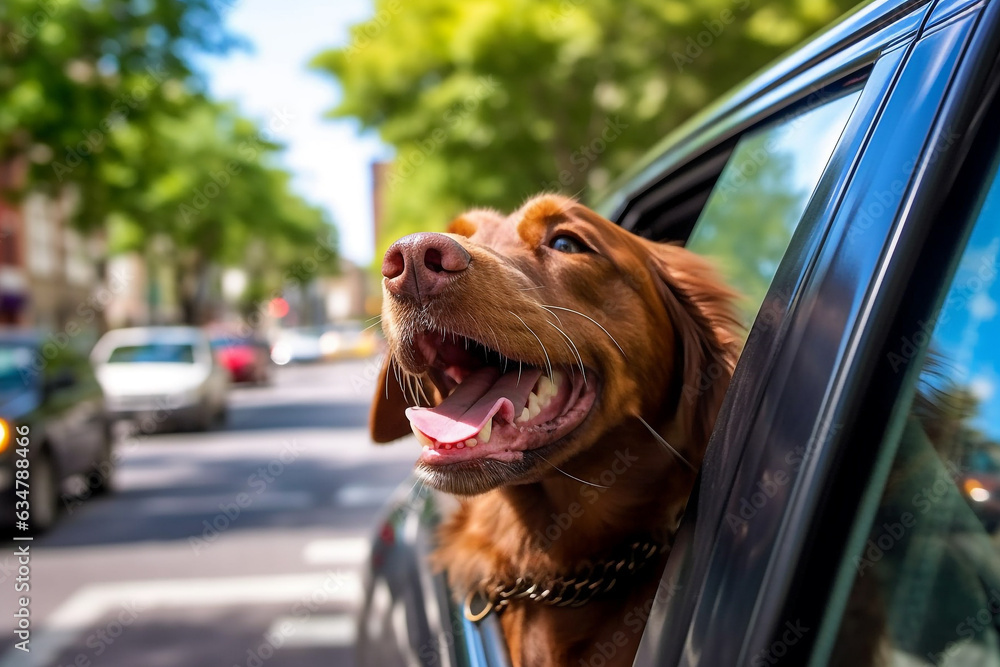 Happy dog with head out of the car window.Generative Ai.