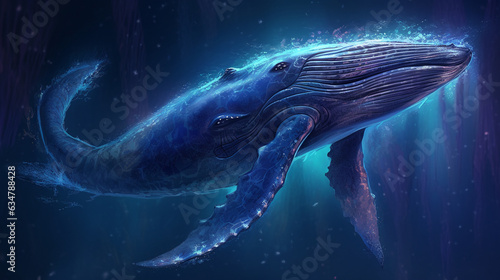 Fantasy blue whale in the deep sea.Generative Ai.