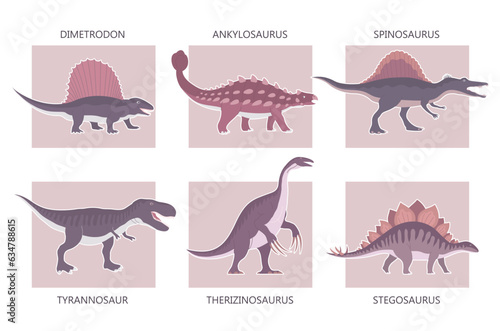 Set of ancient carnivorous and herbivorous dinosaurs. Stegosaurus, tyrannosaurus rex, dimetrodon and spinosaurus. Extinct lizard of the Jurassic period. Prehistoric dino. Paleontology animals. Vector 