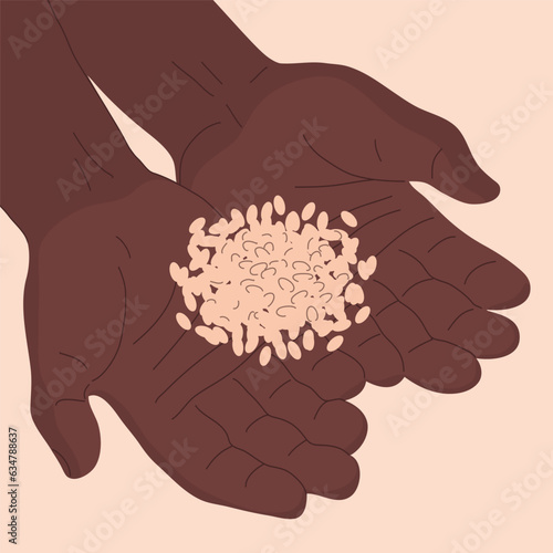 African man hands holding a small handful of wheat. Grain shortage and famine. Global and social problem of poverty. Consequences of the war. Vector illustration