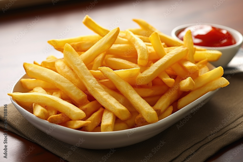 delicious French fries on a wooden table delicious French fries on a wooden table