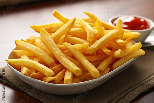 delicious French fries on a wooden table