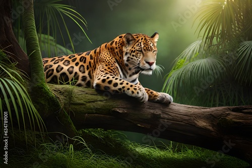 Jaguar in the tree in tropical green forest generated by AI tool