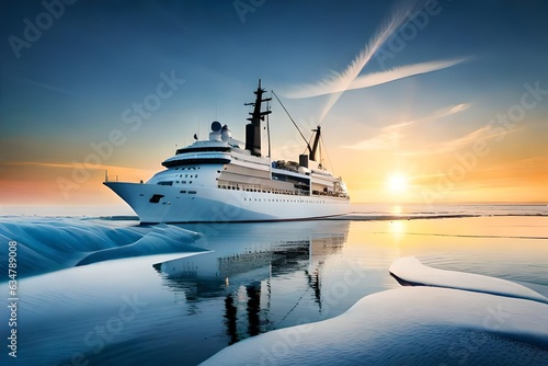 A ship in a ocean and sunset in blue sky generated by AI tool
