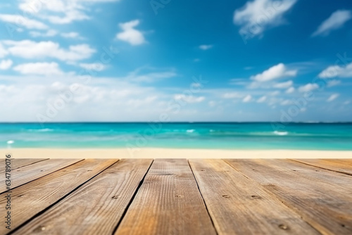 Wooden table with beach and sea background.Generative Ai.