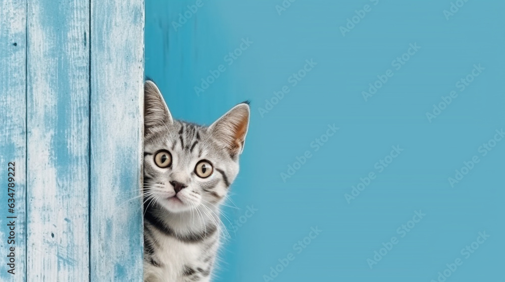 American Shorthair cat emerges from blue wall.Generative Ai. - obrazy, fototapety, plakaty 