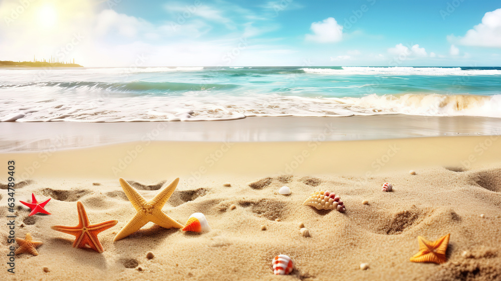 Patriotic USA background with starfishes and decorations on the sandy beach. Generative Ai Patriotic USA background with starfishes and decorations on the sandy beach. Generative Ai