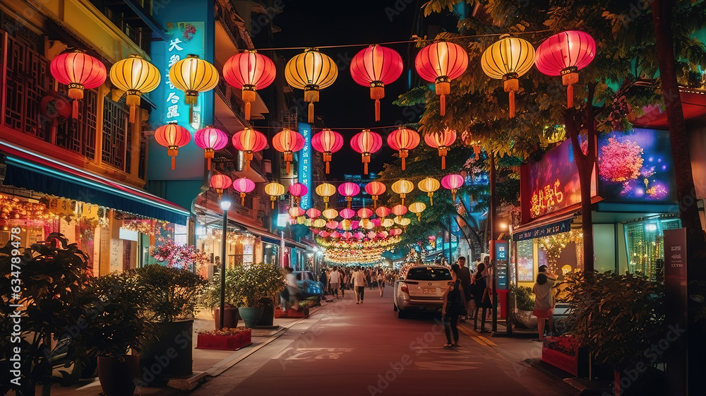Street illumination signs at Singapore China Town to celebrate Mid-Autumn Festival. Generative Ai - obrazy, fototapety, plakaty 