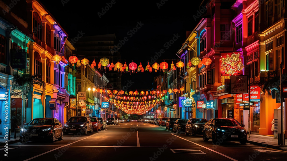 Celebration of chinese lantern festival,Colored lanterns at night. Generative Ai