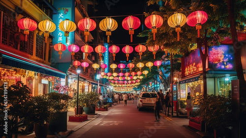 Street illumination signs at Singapore China Town to celebrate Mid-Autumn Festival. Generative Ai