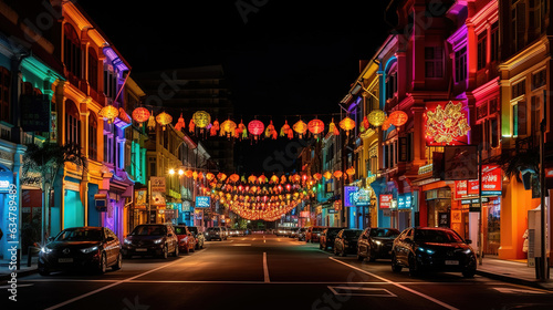 Celebration of chinese lantern festival,Colored lanterns at night. Generative Ai