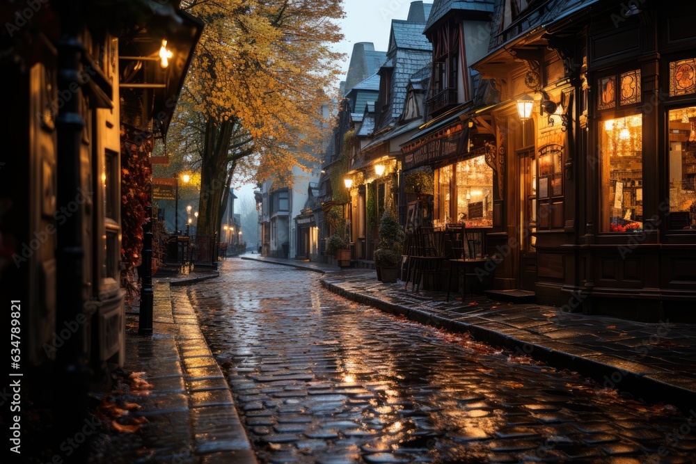 Fototapeta premium Rain-Soaked Cobblestone Streets