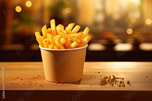 delicious French fries on a wooden table