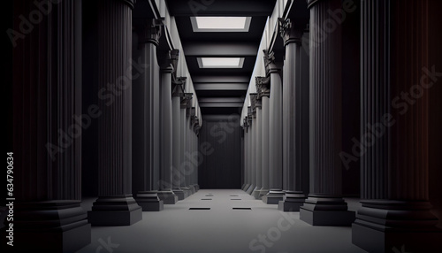Leinwand Poster 3d rendering black corridor pillars background render, Ai generated image